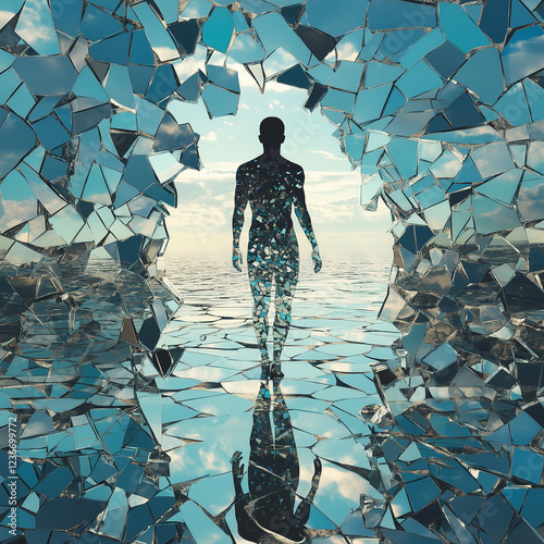 Surreal Silhouette Walking Through Shattered Glass Tunnel with Reflections on a Serene Landscapewn