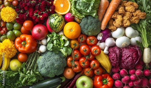 Fototapeta Naklejka Na Ścianę i Meble -  Colorful array of fresh fruits and vegetables, overhead shot.