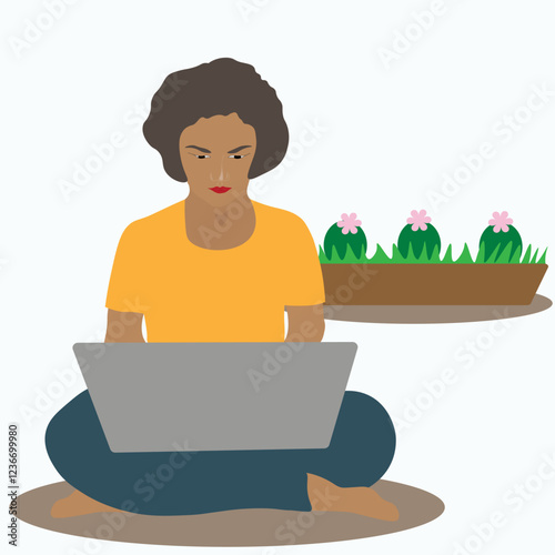 A dark-skinned girl sitting on the floor with a laptop while working, studying, blogging or programming. Flat vector illustration.