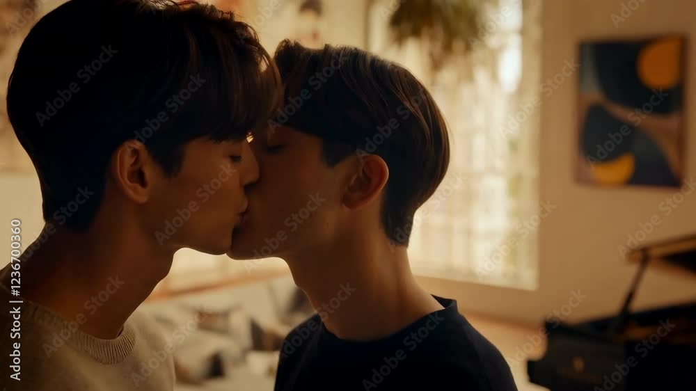 love concept, kiss of young caucasian gay men kissing