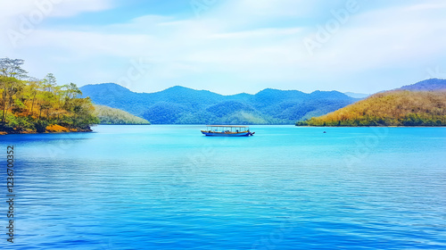 Wallpaper Mural Calm lake boat scenic view, mountains background, peaceful travel destination Torontodigital.ca