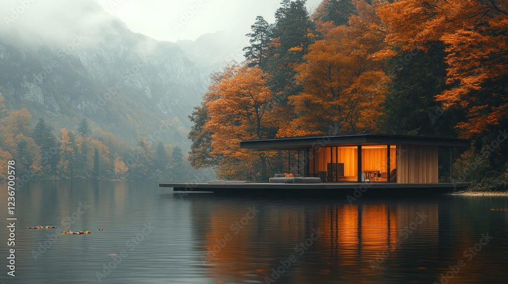 Autumn lake cabin, floating home, misty mountains, warm interior Autumn lake cabin, floating home, misty mountains, warm interior