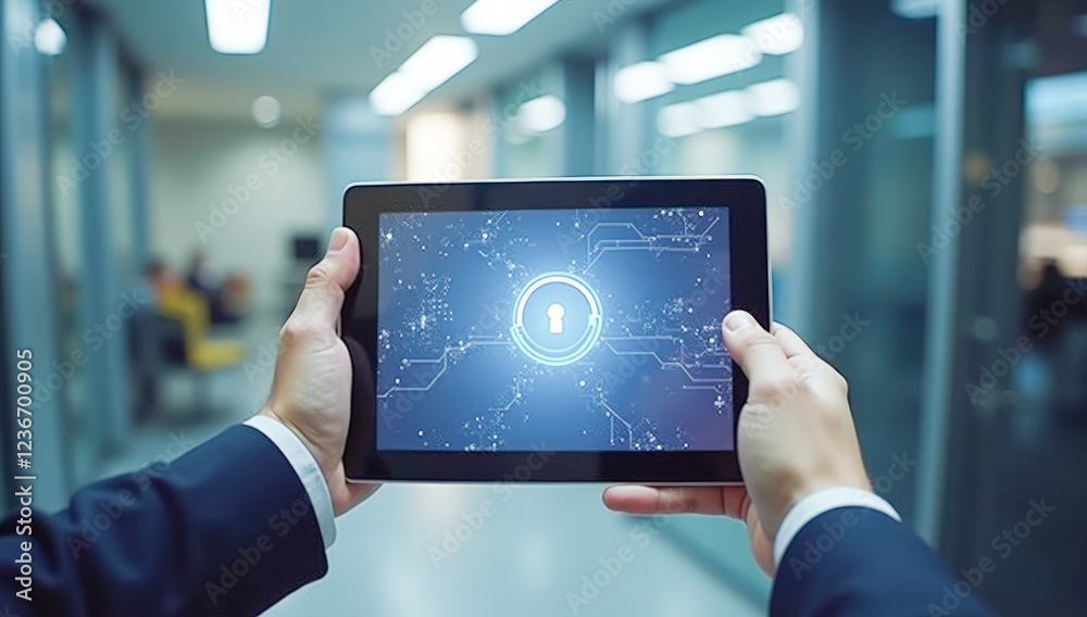 A businessman holds a tablet on the password entry screen A businessman holds a tablet on the password entry screen