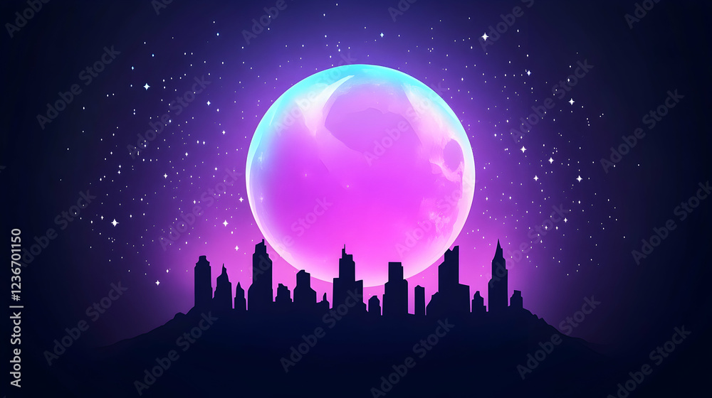 Cityscape under a vibrant pink moon at night, suitable for fantasy, sci-fi, or dreamy backgrounds Cityscape under a vibrant pink moon at night, suitable for fantasy, sci-fi, or dreamy backgrounds