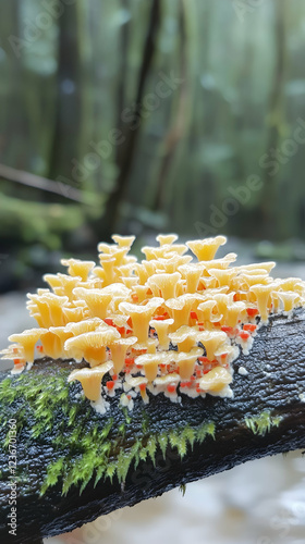 Cluster of pale yellow mushrooms with orange tips on a mossy log near a stream, rainforest background; nature photography photo