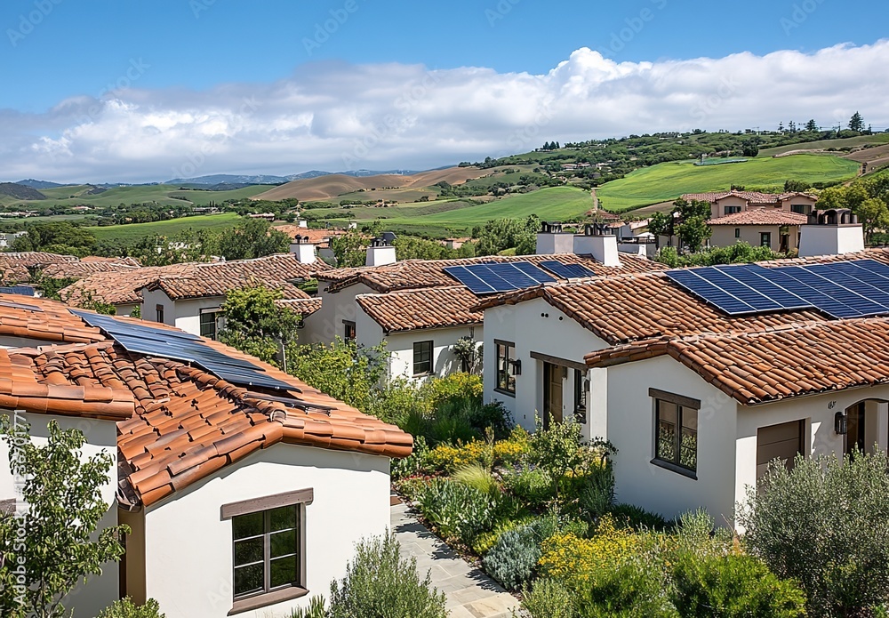 A panoramic view of the California Spanish-style townhouses with red tile roofs and solar panels on their tops, surrounded by lush greenery. A panoramic view of the California Spanish-style townhouses with red tile roofs and solar panels on their tops, surrounded by lush greenery.