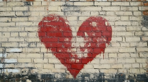Worn-out red heart graffiti on aged brick wall. Urban street love symbol