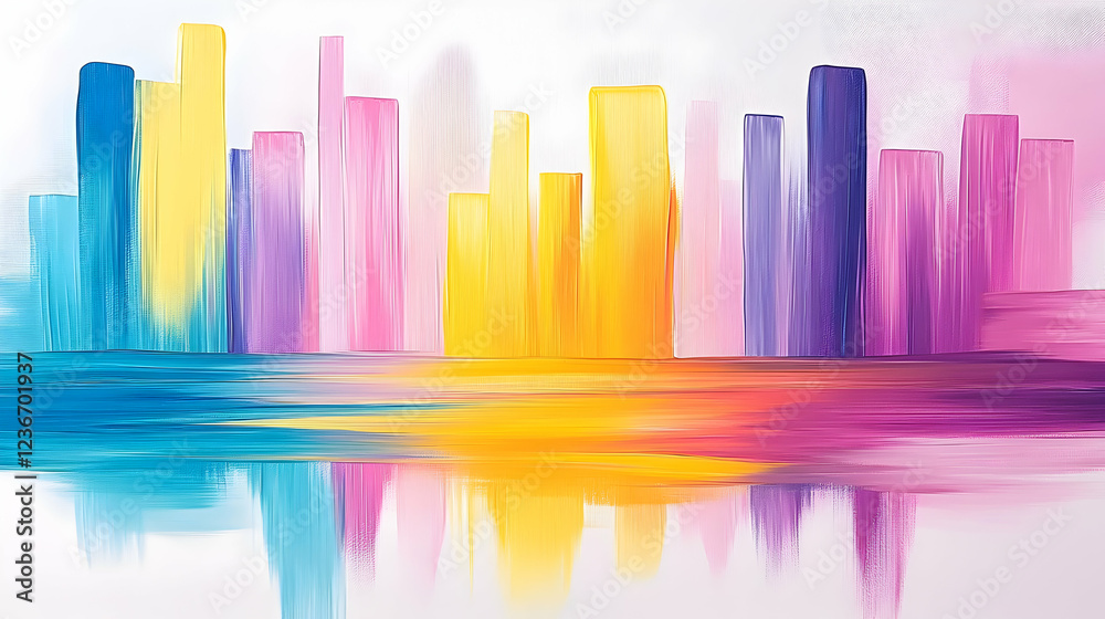 Fototapeta premium Colorful cityscape reflection, abstract painting, urban skyline, peaceful morning