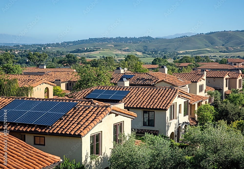 A panoramic view of the California Spanish-style townhouses with red tile roofs and solar panels on their tops, surrounded by lush greenery. A panoramic view of the California Spanish-style townhouses with red tile roofs and solar panels on their tops, surrounded by lush greenery.