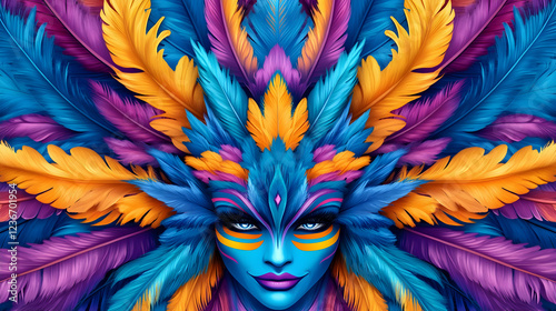 Colorful feathered carnival mask, vibrant design, festive background, ideal for party invitations