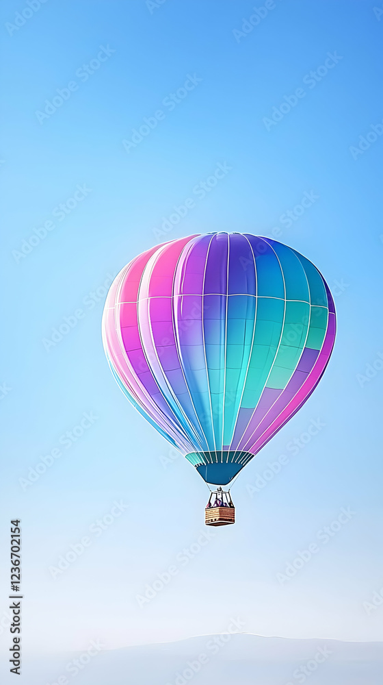 Naklejka premium Colorful hot air balloon floats in clear blue sky above a misty landscape; ideal for travel brochures