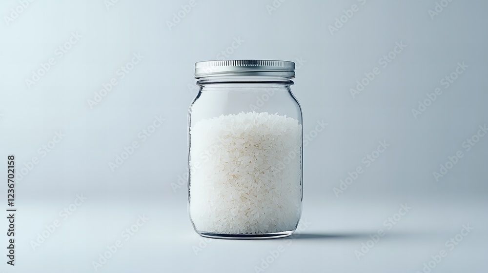 Glass jar filled with white rice against a light gray background. Glass jar filled with white rice against a light gray background.