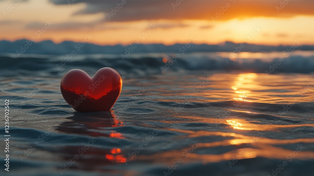 Fototapeta premium Red heart resting in shallow ocean waves at sunset. Romantic coastal scene