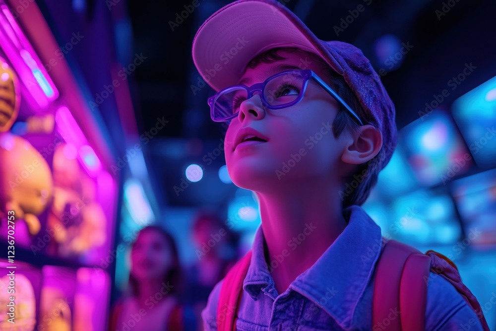 Obraz premium Kids engaging in an exciting nighttime adventure at an interactive exhibit