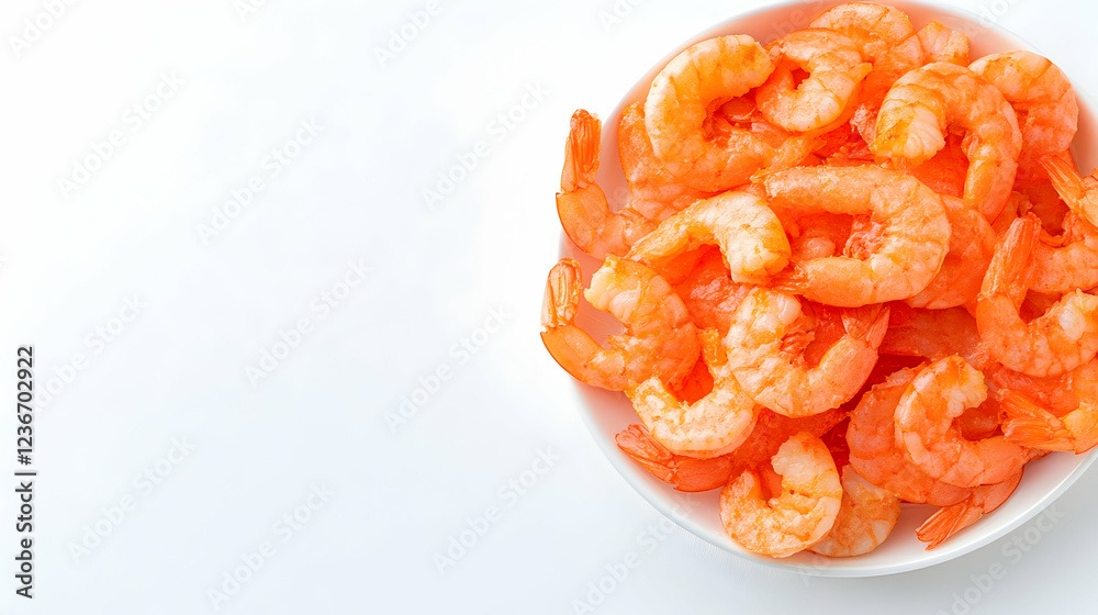Cooked shrimp in bowl, white background, food photography, recipe ingredient Cooked shrimp in bowl, white background, food photography, recipe ingredient