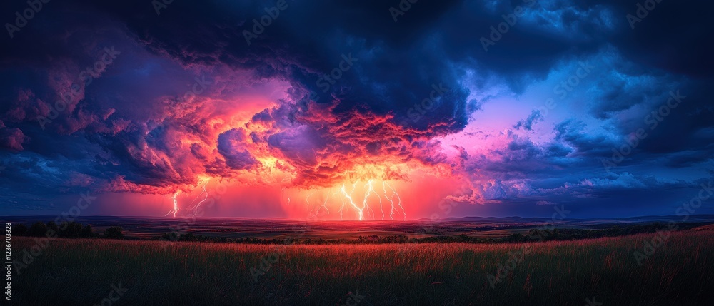 Fototapeta premium Dramatic lightning storm over open field nature twilight view