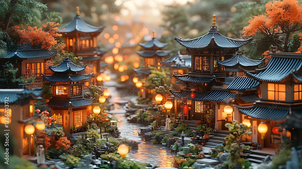 Illuminated miniature Chinese village model with stream, lanterns, and autumn foliage. Illuminated miniature Chinese village model with stream, lanterns, and autumn foliage.