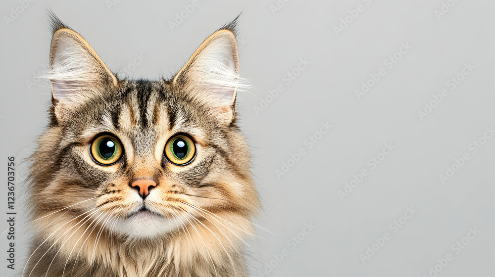 Curious cat portrait, grey background, pet animal, website banner Curious cat portrait, grey background, pet animal, website banner