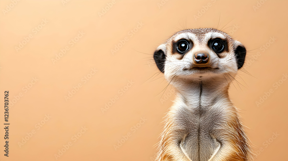 Curious meerkat portrait, beige background, wildlife, studio shot, animal photography