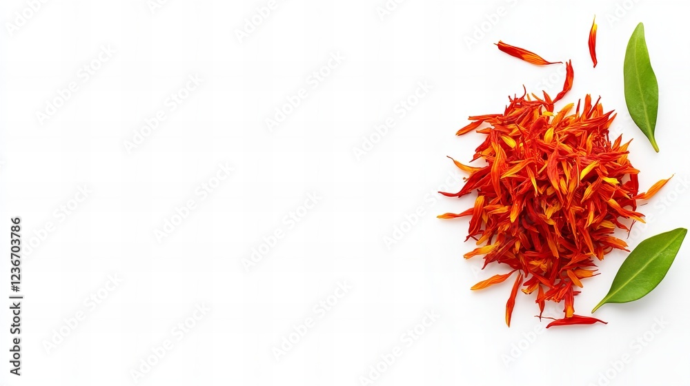 Naklejka premium Vibrant orange flower petals scattered on a white background, accented by green leaves.