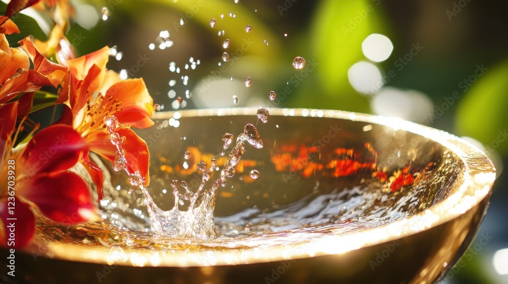 Vibrant water droplets splash in a golden bowl, surrounded by tropical blooms, radiating joy and warmth. Vibrant water droplets splash in a golden bowl, surrounded by tropical blooms, radiating joy and warmth.