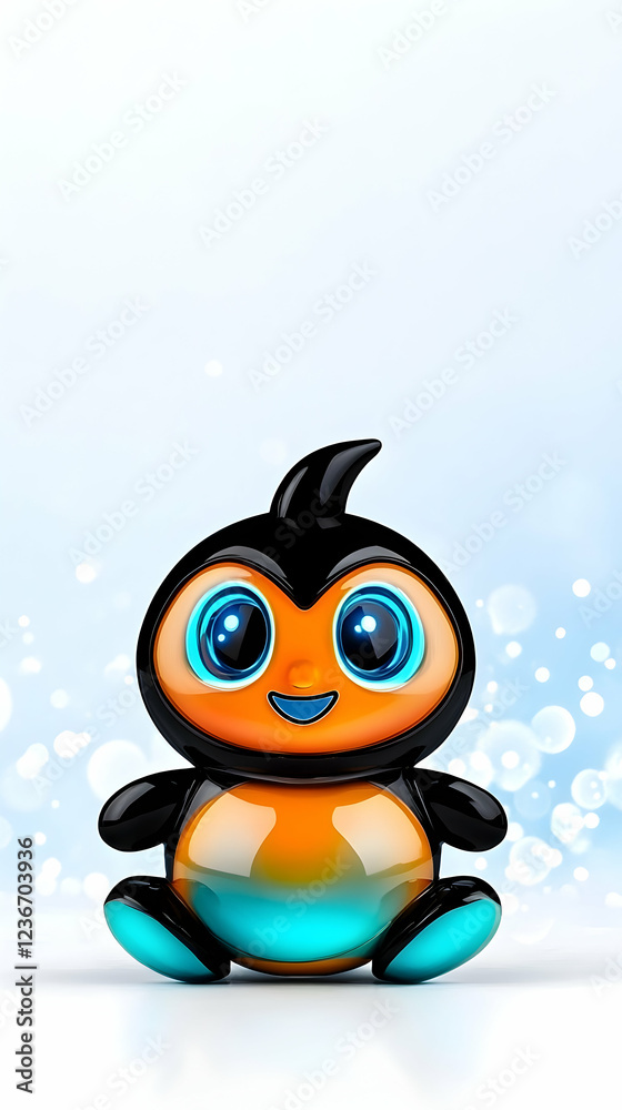 Fototapeta premium Cute cartoon penguin character, sitting, winter background, children's book illustration