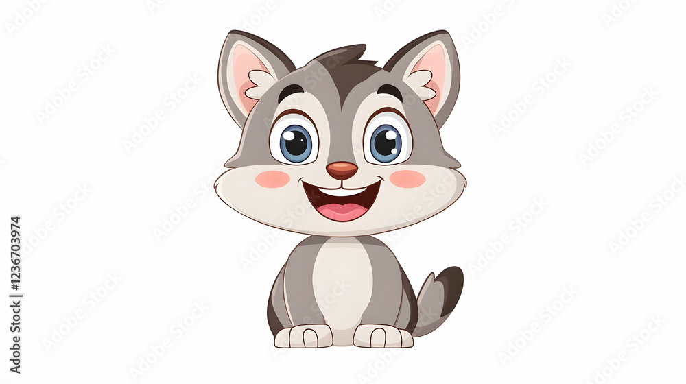 Obraz premium Cute cartoon wolf pup sitting, white background, children's book illustration