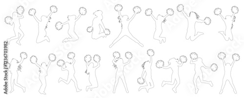 Contour of cheerleading dancers with pompoms. Vector illustration.