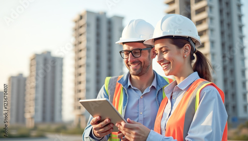 engineers, a man and a woman, look at a tablet against the background of buildings under construction