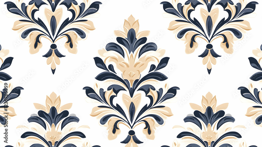 Elegant damask pattern, seamless textile design, white background, ideal for fabric or wallpaper Elegant damask pattern, seamless textile design, white background, ideal for fabric or wallpaper
