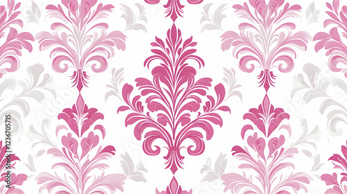 Elegant pink and white damask pattern, seamless repeat for textile or wallpaper design