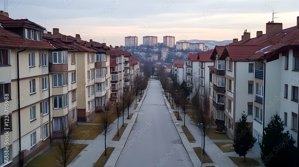 Empty residential street, city view, early morning, quiet suburban neighborhood, real estate