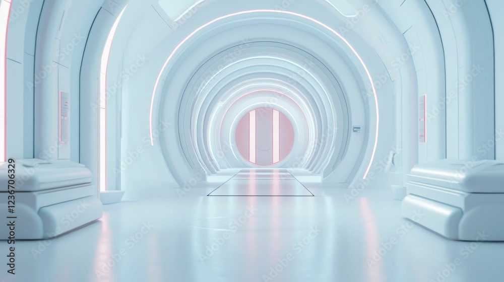 Obraz premium A futuristic, white corridor with smooth curves and soft lighting, creating a serene and otherworldly atmosphere.