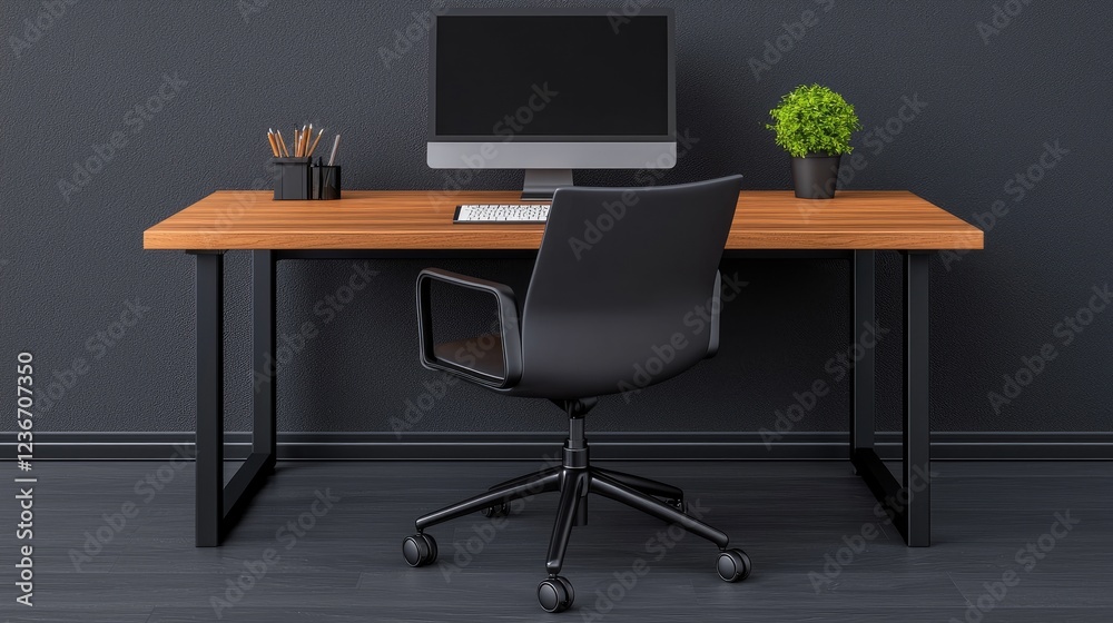 Modern workspace setup home office interior design minimalist environment wide angle view productivity concept Modern workspace setup home office interior design minimalist environment wide angle view productivity concept