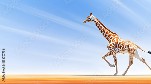 Giraffe running across African savanna under a vibrant blue sky; perfect for travel brochures or wildlife documentaries photo