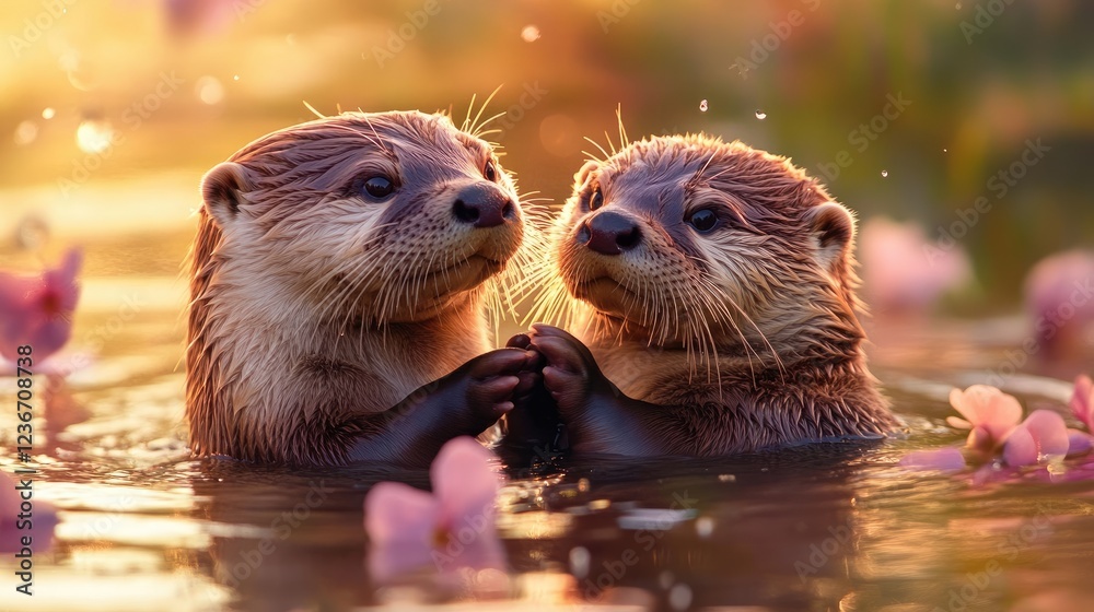 Playful otters bonding in a serene lake nature photography warm sunrise glow close-up perspective Playful otters bonding in a serene lake nature photography warm sunrise glow close-up perspective