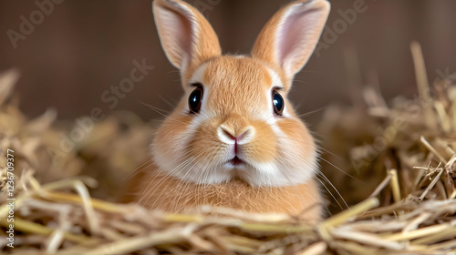 Adorable bunny in hay nest, farm background, Easter photo