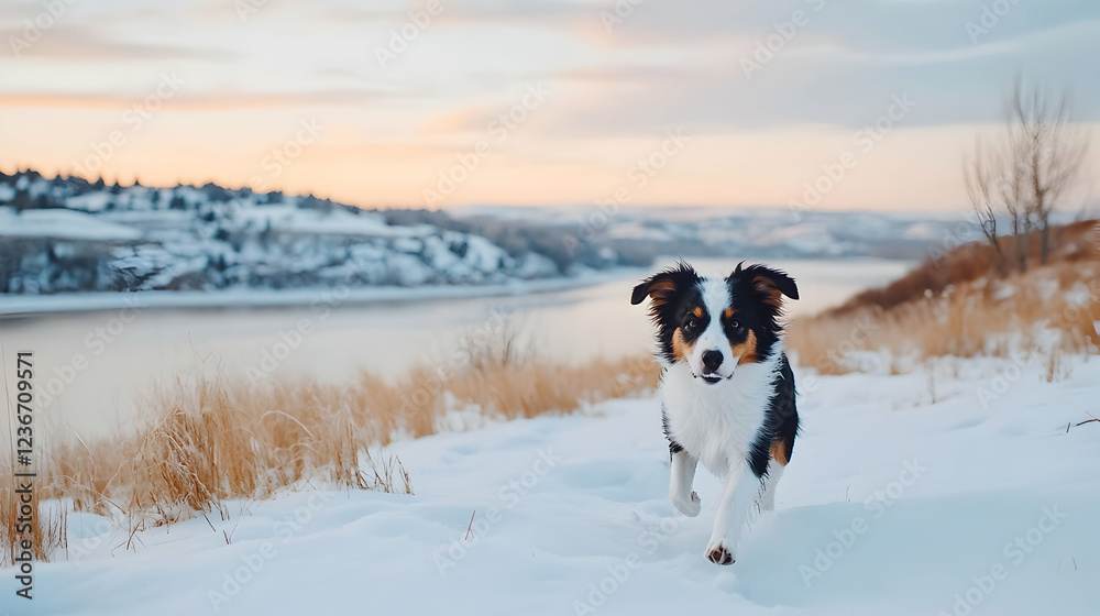Happy puppy running in snowy winter landscape, sunset background. Perfect for pet, winter, or nature themed websites and calendars Happy puppy running in snowy winter landscape, sunset background. Perfect for pet, winter, or nature themed websites and calendars