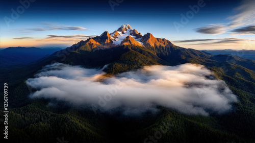 Snow-capped peaks above lush green forest photo