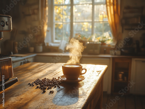 A cozy morning scene in a rustic kitchen, a person brewing coffee near a window