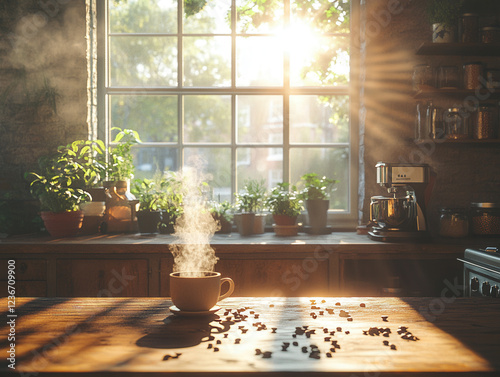 A cozy morning scene in a rustic kitchen, a person brewing coffee near a window