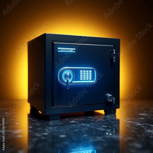 Futuristic Electronic Safe with Glowing Digital Display and Backlit Yellow Aura, Dark Metallic Box Featuring High-Tech Security, Sleek Design, and Cyberpunk Aesthetic