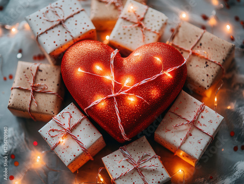 A flat lay of multiple small gift boxes arranged in the shape of a heart