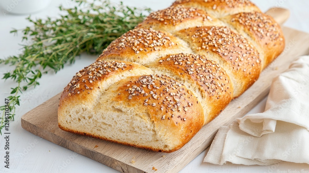 Braided bread, kitchen setting, herbs, delicious Braided bread, kitchen setting, herbs, delicious