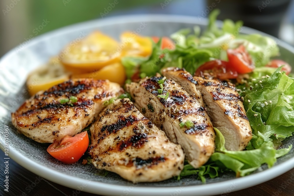 A plate of grilled chicken with a salad, a healthy and delicious meal for fitness enthusiasts A plate of grilled chicken with a salad, a healthy and delicious meal for fitness enthusiasts