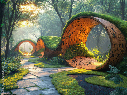 A large-scale eco-art installation in the middle of a lush forest