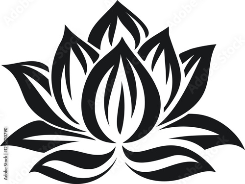 Black lotus flower silhouette with intricate petal details isolated on transparent background. Black and white, monochrome vector design.