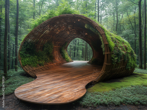 A large-scale eco-art installation in the middle of a lush forest