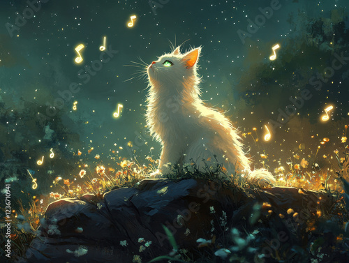 A magical fantasy scene featuring a white cat with glowing eyes playing 