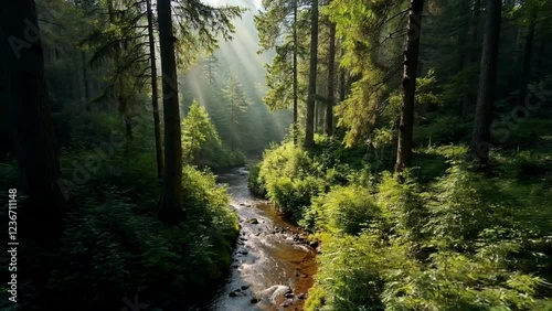 Sunbeams Filtering Through Ancient Forest Canopy